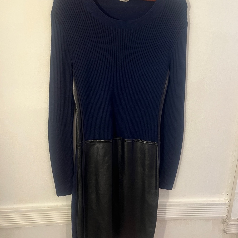 Reed Krakoff sweater dress with leather panel trim.